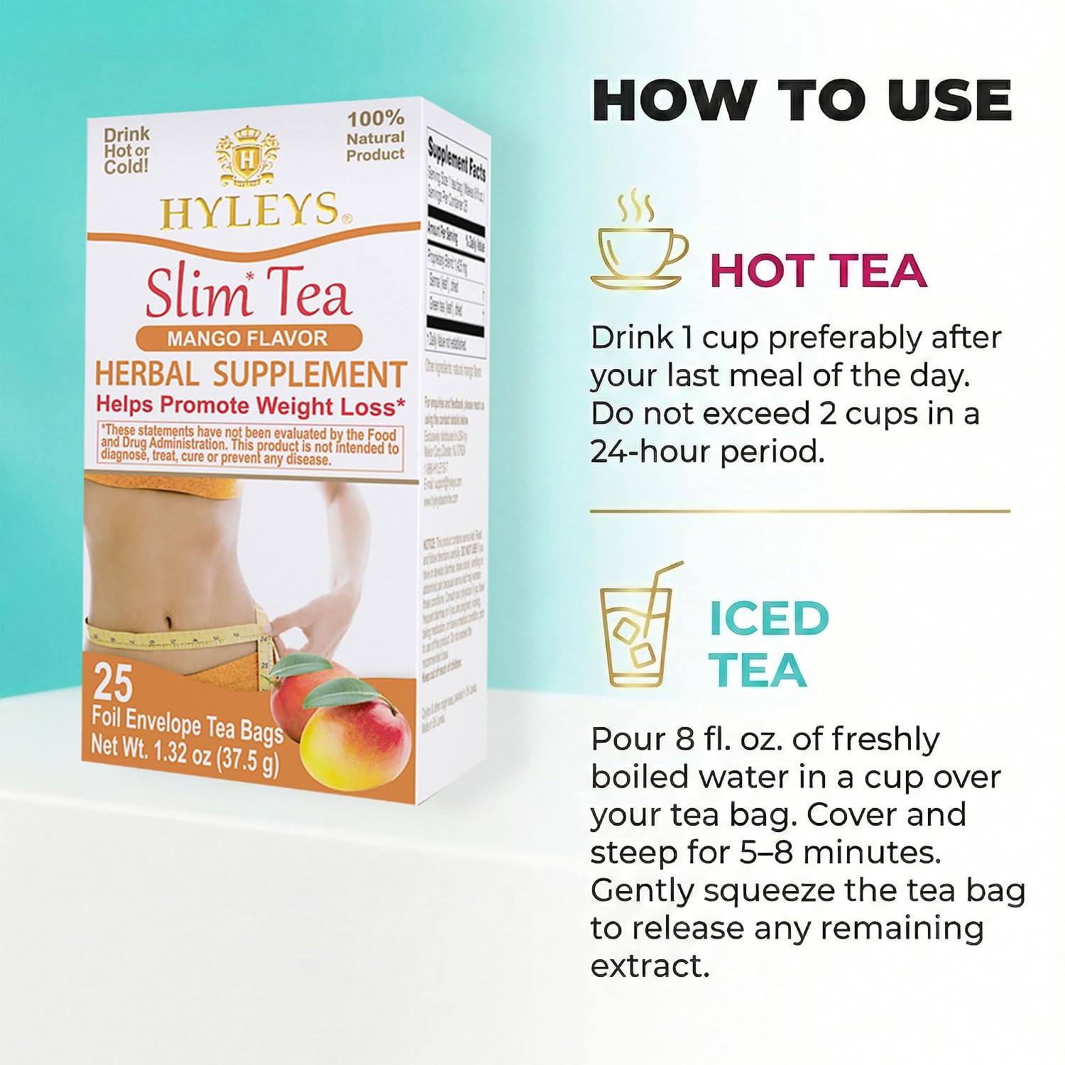 Hyleys Slim Tea Mango Flavor - Weight Loss Herbal Supplement Cleanse and Detox - 25 Tea Bags (1 Pack) - Image 6