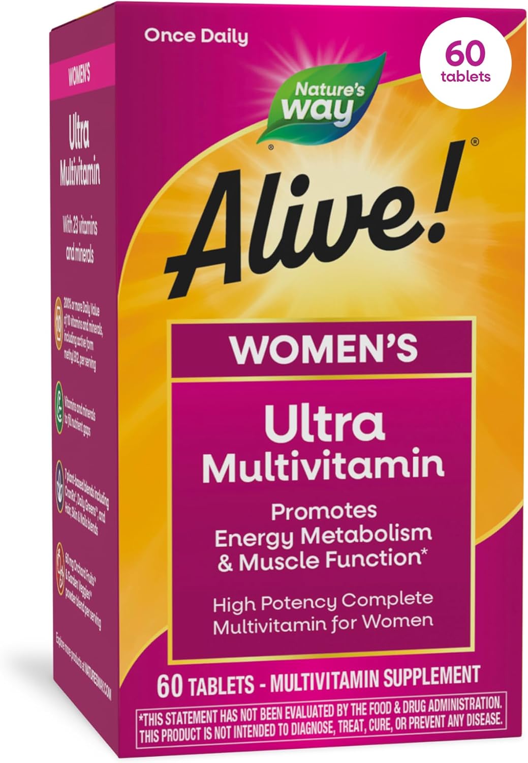 Nature's Way Alive! Ultra Multivitamin for Women, Complete Daily Women's Vitamins, High Potency Formula, Promotes Energy Metabolism and Muscle Function*, Vitamin A, C, D, Methylated B12, 60 Tablets - Image 2