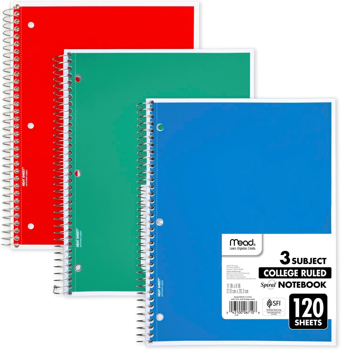 Mead Spiral Notebook, 3 Subject, College Ruled Paper, 8" x 11", 120 Sheets, Color Will Vary (820394-25) - Image 2