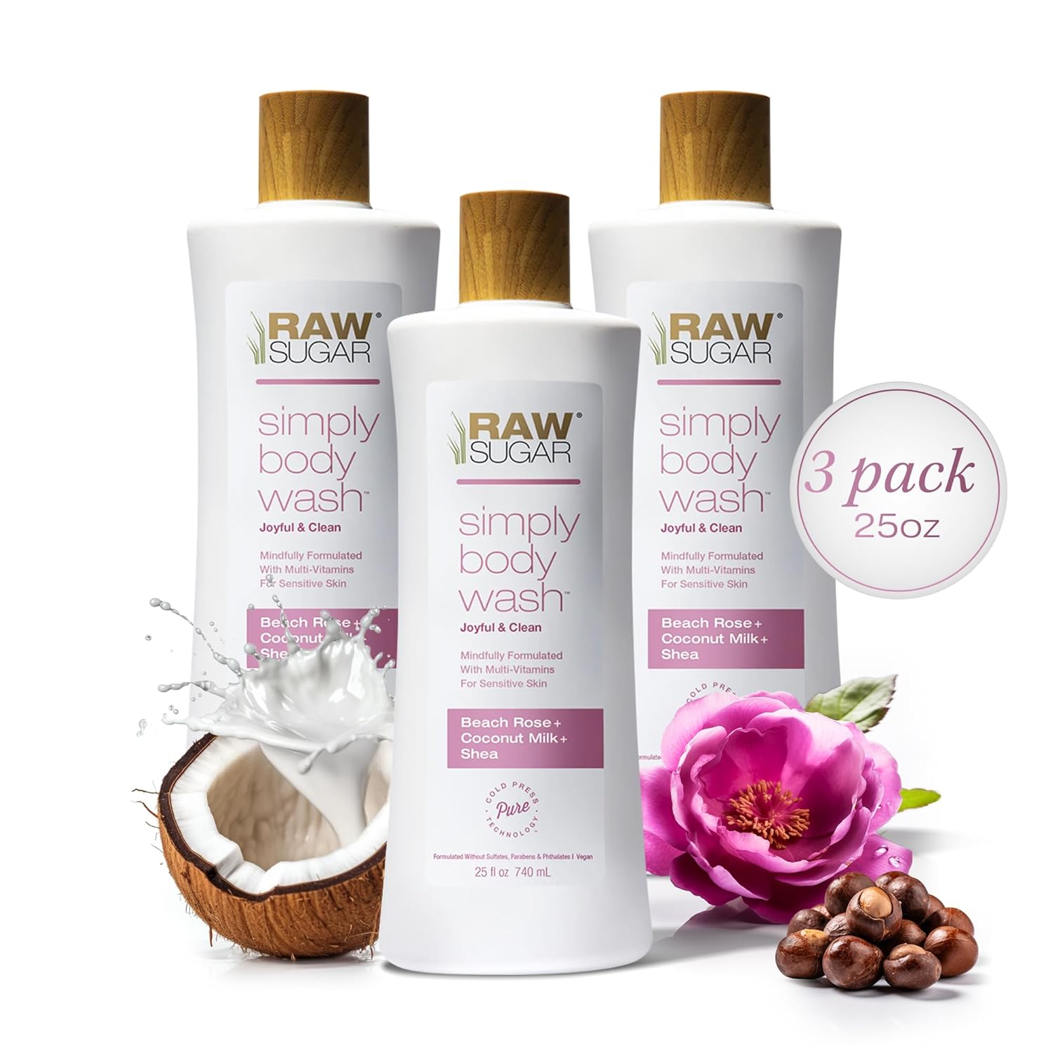 RAW SUGAR Simply Body Wash, Beach Rose + Coconut Milk + Shea (25 Fl Oz, Pack of 3) Sensitive Skin Bath Soap, Formulated without Sulfates & Parabens… - Image 2