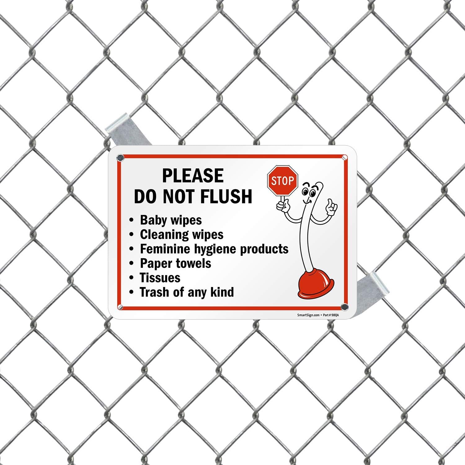 SmartSign 7" x 10" 'Please Do Not Flush Wipes/Feminine Hygiene Products/Paper Towels/Tissues/Trash' Bathroom Sign with Funny STOP Symbol, 55 mil HDPE Plastic, Red/Black/White, USA-Made - Image 5