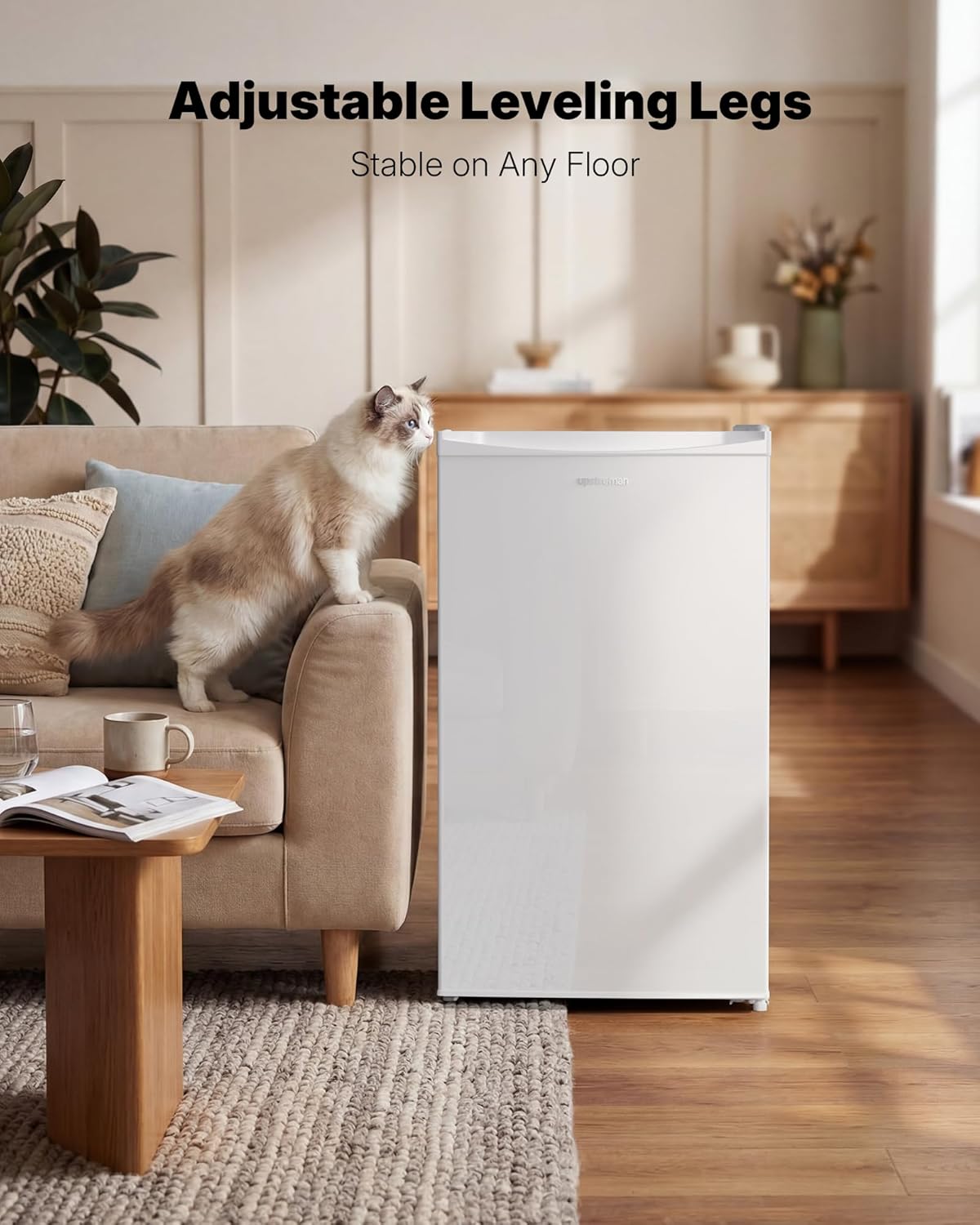 Upstreman 3.2 Cu.Ft Mini Fridge with Freezer, Single Door Mini Fridge, Dorm Fridge, Adjustable Thermostat, Mini Refrigerator for Dorm, Office, Bedroom, White-BR321 - Image 6
