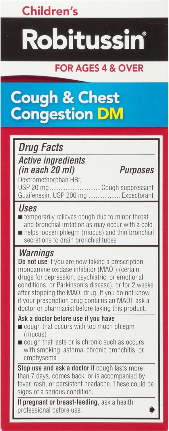 Robitussin Children's Cough and Chest Congestion DM, Cough Medicine for Kids, Grape Flavor - 4 Fl Oz Bottle, 300318715130 - Image 13