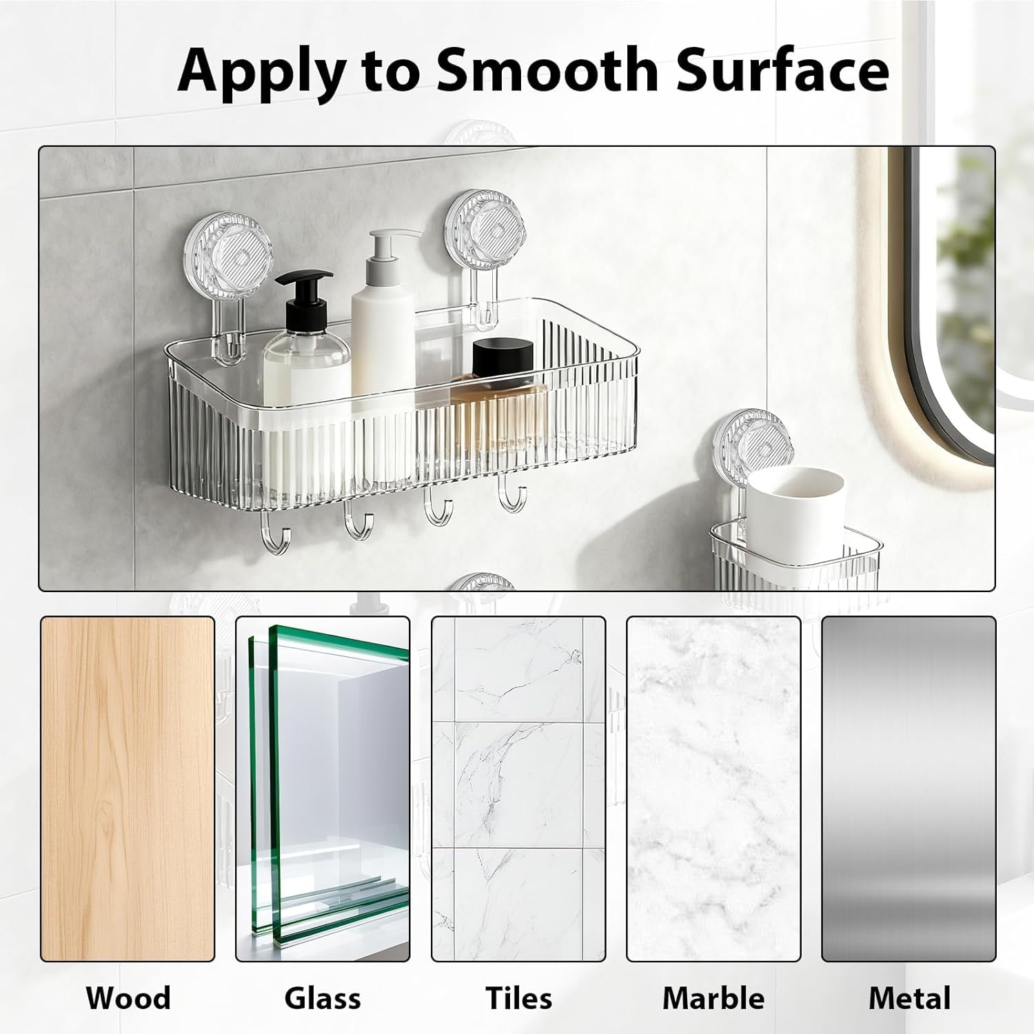 3 Pack Suction Cup Shower Caddy, Clear Shower Shelves No Drilling with Movable Hooks & Toothbrush Holder, Wall Storage Shelves for Bathroom, Kitchen - Image 7
