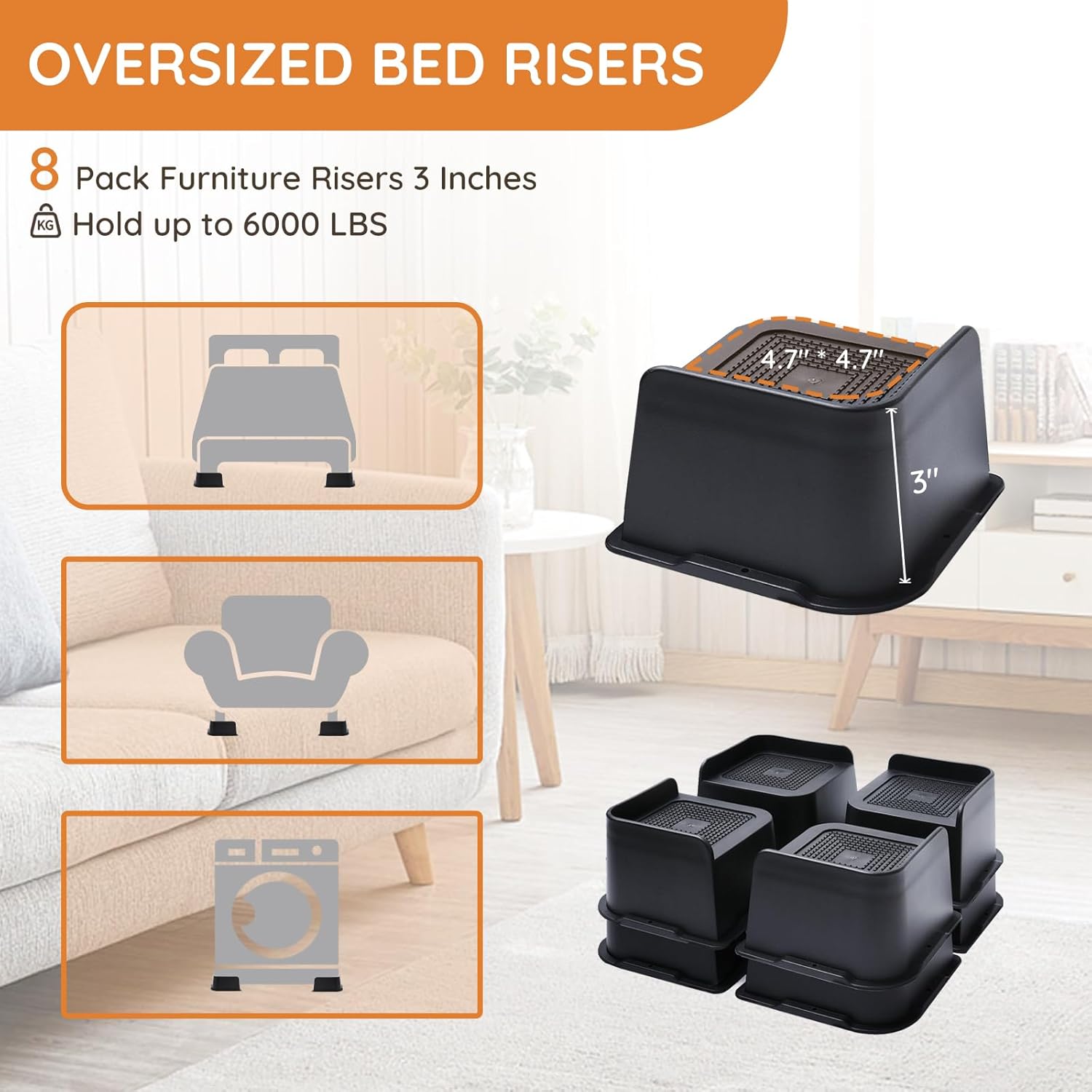 Bed Risers, Oversized Furniture Risers, 3 inch Raise Blocks for Bed Couch Desk Sofa Table Lifts, Furniture Legs Lifters Support up to 6000 Lbs (Black, 8 Pack Set) - Image 3