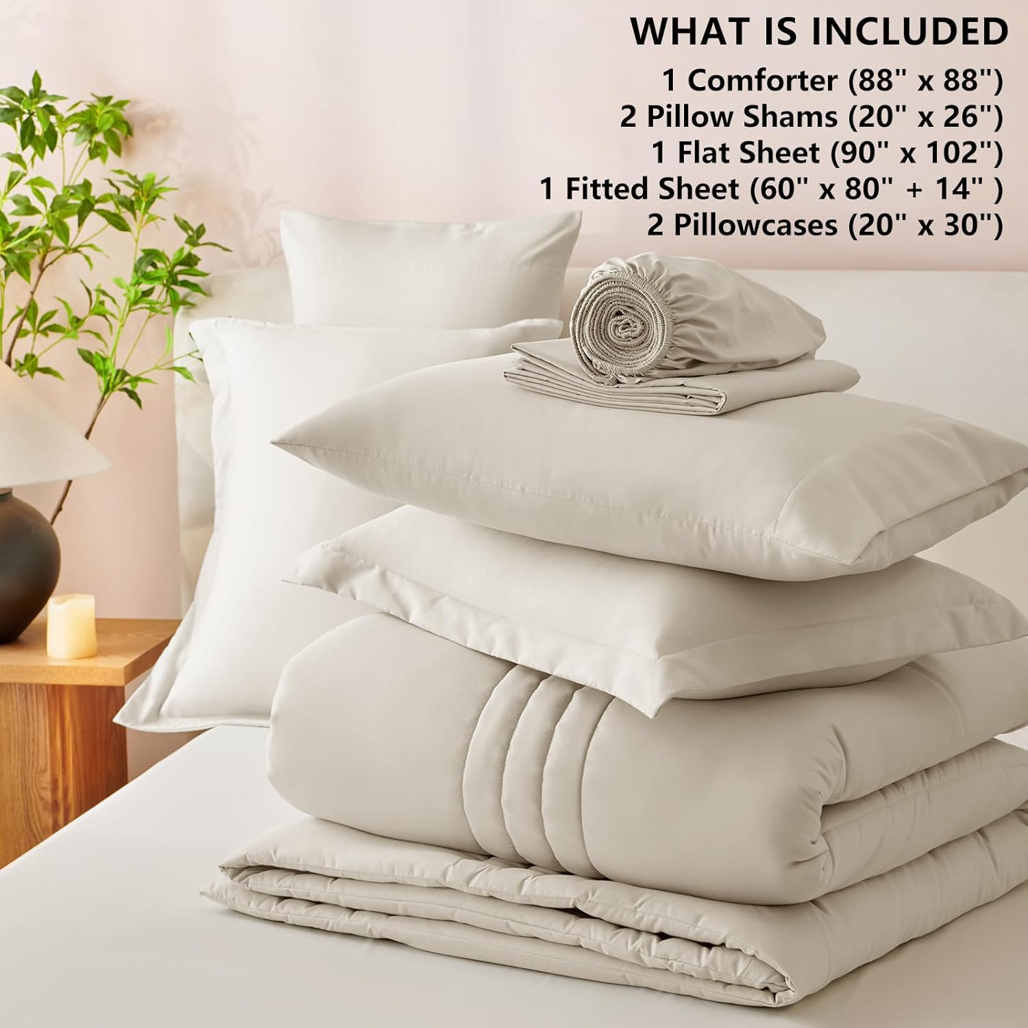 CozyLux Queen Comforter Set Beige - 7 Pieces Bed in a Bag, Modern Vertical Quilted Room Decor, Soft All-Season Bedding Gift with Comforter, Sheets, Pillowcases & Shams - Image 9