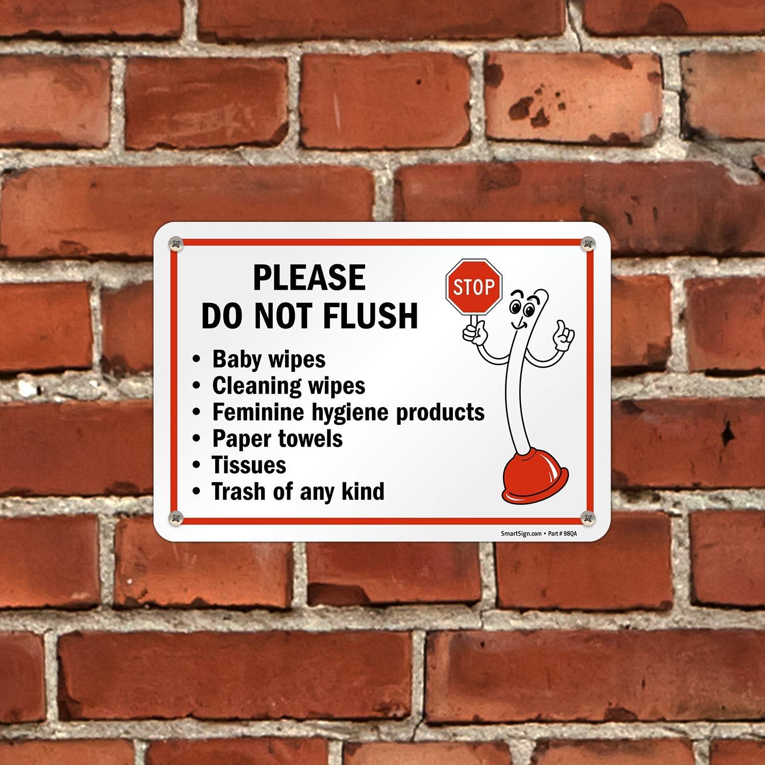SmartSign 7" x 10" 'Please Do Not Flush Wipes/Feminine Hygiene Products/Paper Towels/Tissues/Trash' Bathroom Sign with Funny STOP Symbol, 55 mil HDPE Plastic, Red/Black/White, USA-Made - Image 6