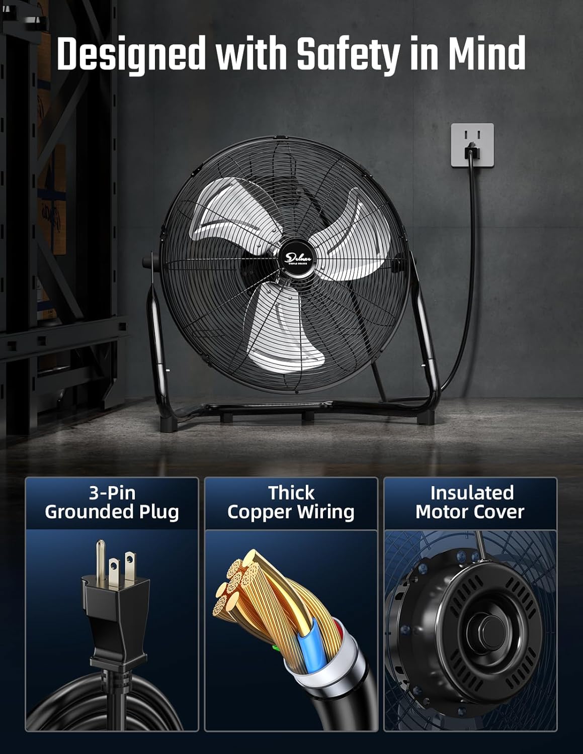 Simple Deluxe 20 Inch 3-Speed High Velocity Heavy Duty Metal Industrial Floor Fans Quiet for Home, Commercial, Residential, and Greenhouse Use - Image 5