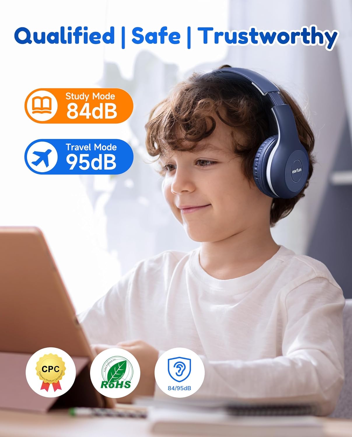 EarFun K2 Kids Bluetooth Headphones, Kids Headphones with Volume Limited, 40H Playtime, Built-in Mic, Stereo Sound, Foldable Over-Ear Headphone for School/Travel/iPad/Tablet, Blue - Image 3