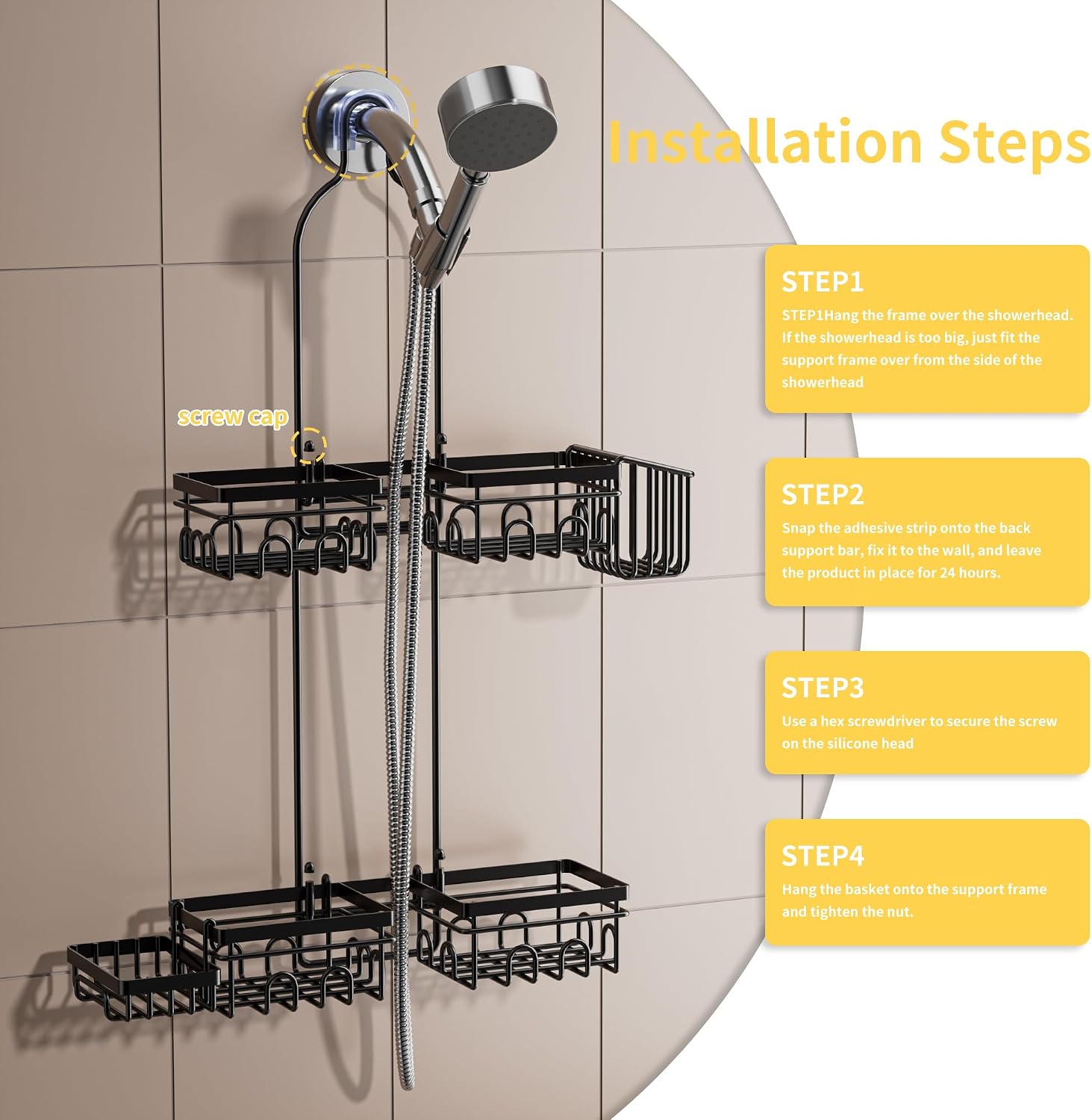 DAOYA Shower Caddy Hanging - Shower Caddy for Handheld Shower Heads with Soap holder, Toothbrush Holder & Suction Hook, Universal 0.82-inch Fit with Non-Slip Rubber Pad, Black - Image 8