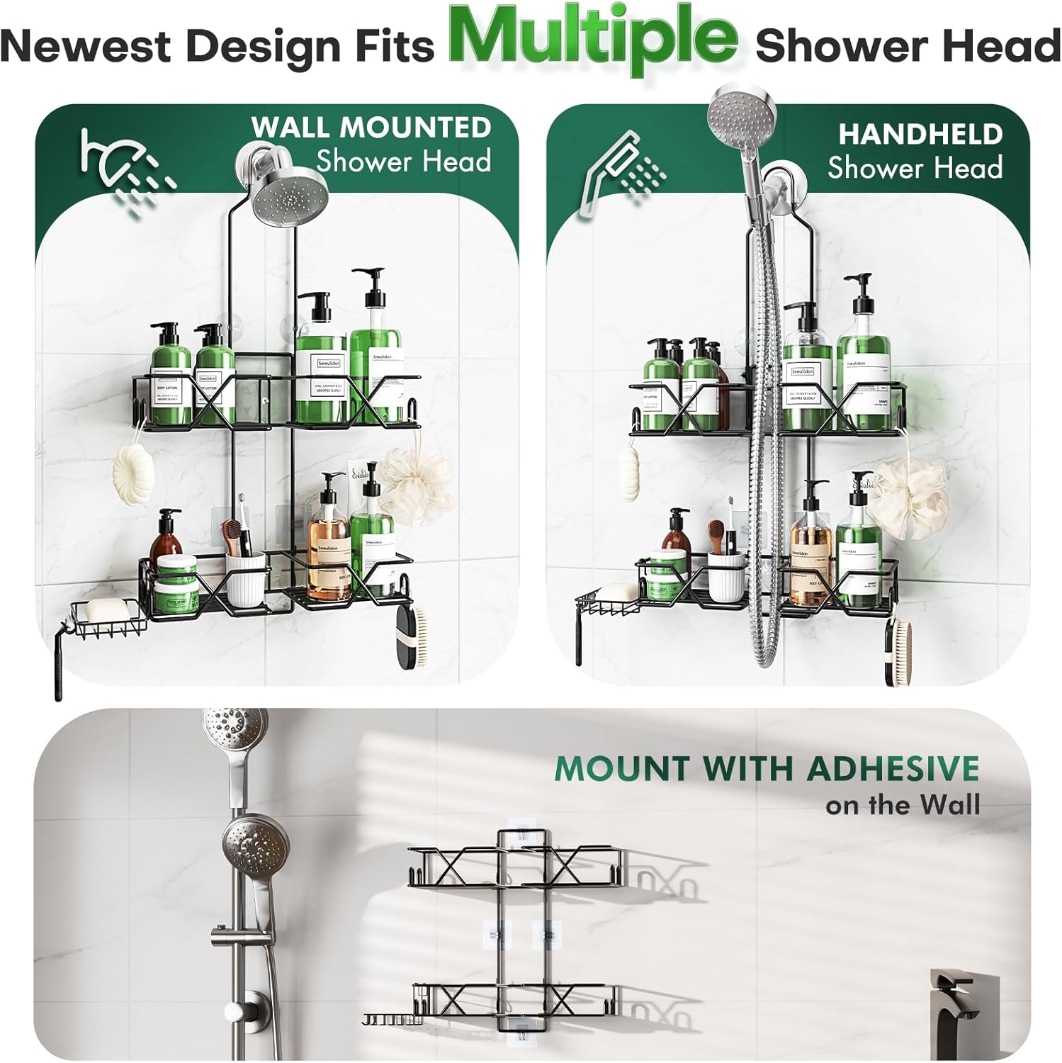 Sewulidon Stainless Steel Hanging Shower Caddy for Handheld Shower Heads,Adjustable Height Extra Long Bathroom Shower Organizer Hanger Rack with Hooks,Soap Holder - Image 6