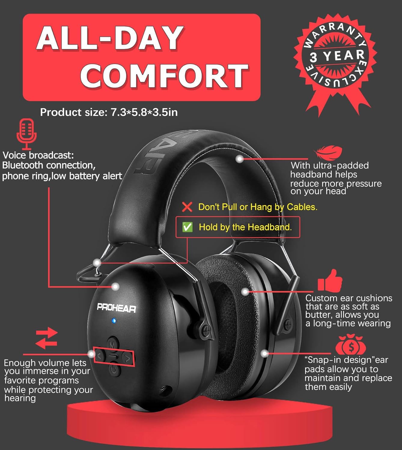 PROHEAR 037 Bluetooth 6.0 Hearing Protection Headphones with Rechargeable 1500mAh Battery, 30dB SNR Safety Noise Reduction Ear Muffs 120H Playtime for Mowing, Workshops, Snowblowing - Black - Image 7
