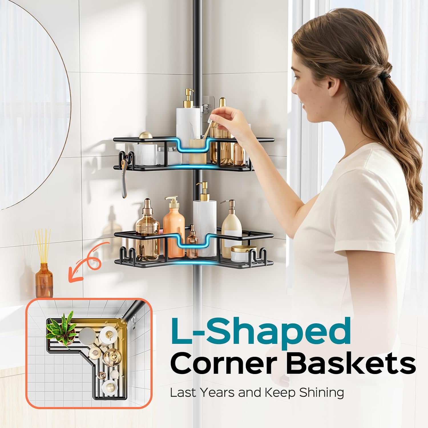 HAMITOR Shower Caddy Tension Pole: 4-Tier Adjustable Corner Bathroom Organizer - Heavy Duty Rustproof L-Shaped Shelves- No Drilling Space-Saving Storage Rack for Family & Renters- 47-123 inch Black - Image 4