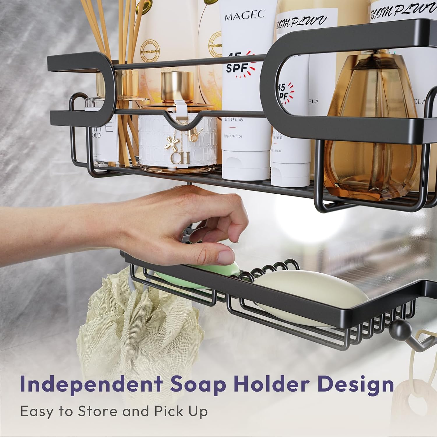 SWTYMIKI Over the Door Shower Caddy Hanging with Double Soap Holder, Hanging Shower Organizer with 16 Hooks, No Drilling Shower Shelves Over Door, Bathroom Rack and Storage, Black - Image 6