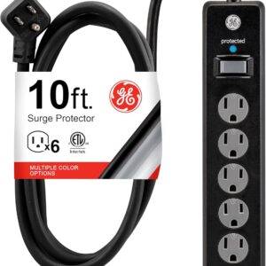GE 6-Outlet Surge Protector, 10 Ft Extension Cord, Power Strip, 800 Joules, Twist-to-Close Safety Covers, Protected Indicator Light, ETL Listed, Black, 37442