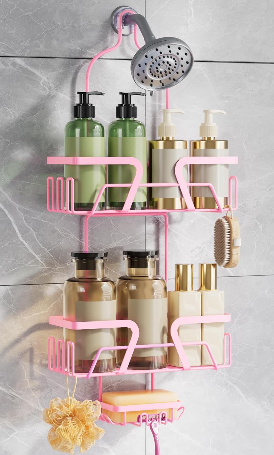 DAOYA Shower Caddy Hanging, Pink Over the Shower Head Caddy with Soap Holder, Bathroom Organizer with Hooks for Razors and Bath Sponges - Image 2