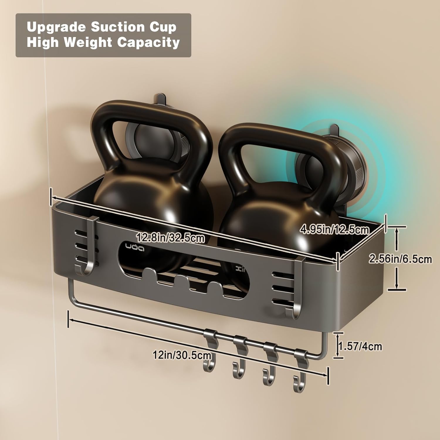 Voldra Shower Caddy Suction Cup, Shower Shelves for Inside Shower No Drilling, Aluminum Suction Showers Organizer for Wall with Towel Bar & Hooks Removable Bathroom Storage Rack(2 Pack-Gray) - Image 7