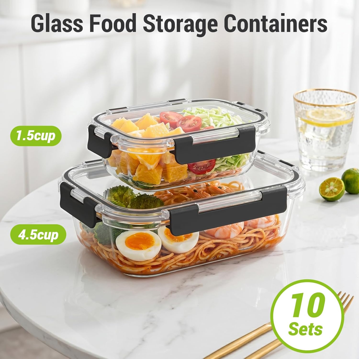 Dealusy 10 Sets (20-Piece) 4.5 Cup & 1.5 Cup Glass Food Storage Containers with lids, Airtight Leak-proof Glass Meal Prep Containers with Lids, Microwave Oven Freezer Dishwasher Safe, Black - Image 3