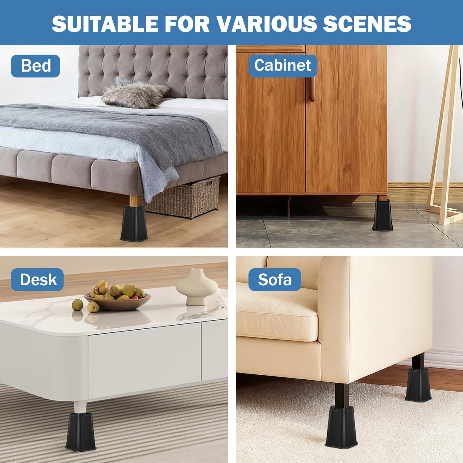 Bed Risers 8 Inch Heavy Duty Furniture Risers Table Leg Couch Risers Non-Slip Added Storage Support Up to 6000 Lbs for Bed Desk Table Sofa Couch, Black, 4 Pack - Image 7