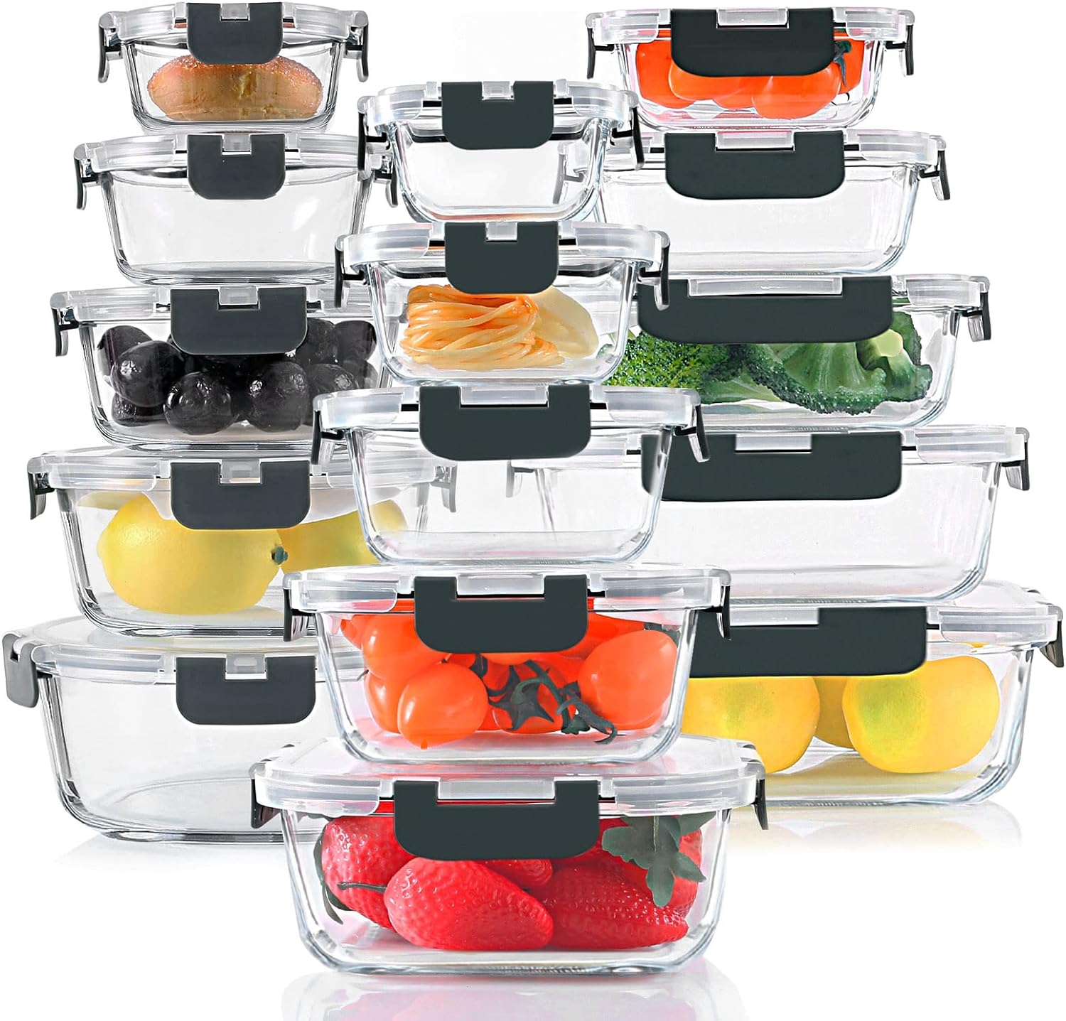 KOMUEE 30 Pieces Glass Food Storage Containers Set, Glass Meal Prep Containers Set with Snap Locking Lids, Airtight lunch Containers for Microwave, Oven, Freezer & Dishwasher,Gray - Image 2