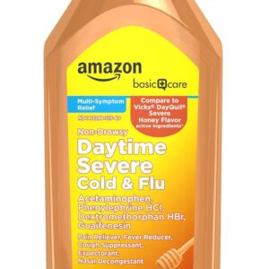 Amazon Basic Care Maximum Strength Daytime Honey Flavor Severe Cold and Flu Relief, Multi-Symptom, Non-Drowsy, Cough, Sore Throat, Nasal Congestion, Liquid Medicine, 12 fl oz (Pack of 1)
