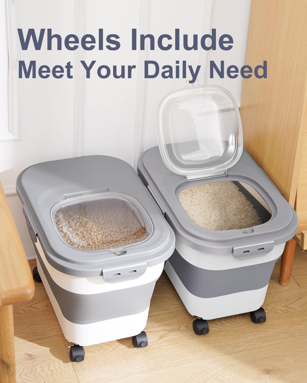 20-30 Lbs Rice Storage Container,Collapsible Food Storage Containers with Rolling Wheel Airtight Locking Lid,Flour Storage Container with Cup and Scoop,Suitable for Food,Rice,Pet Food,Flour - Image 6