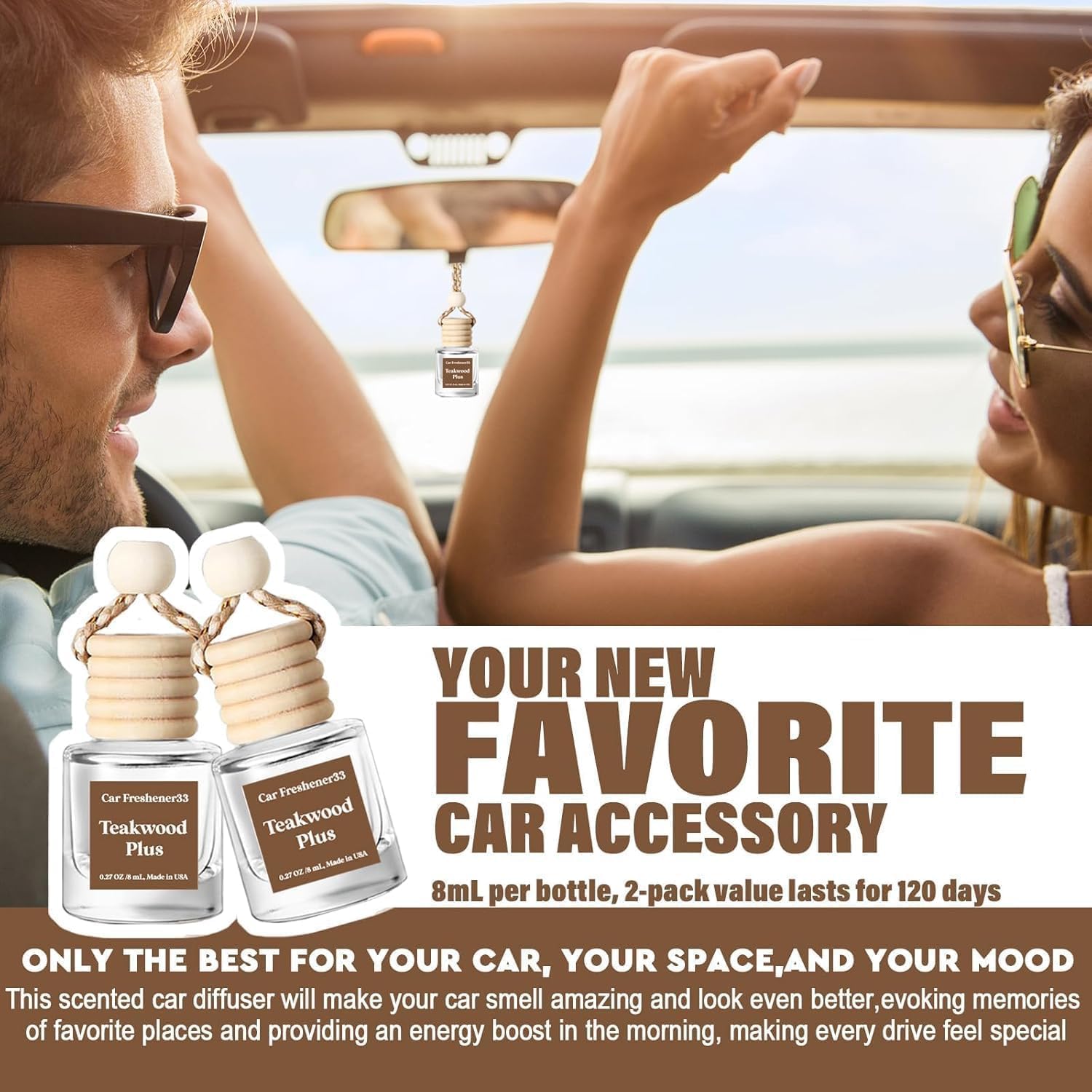 C Classy Car Air Freshener Hanging 2 Pack, Mahogany Teakwood Essential Oil Diffuser, Cute Glass Bottle, Long-Lasting Fragrance Car Accessories for Women & Men, Made in USA - Image 3