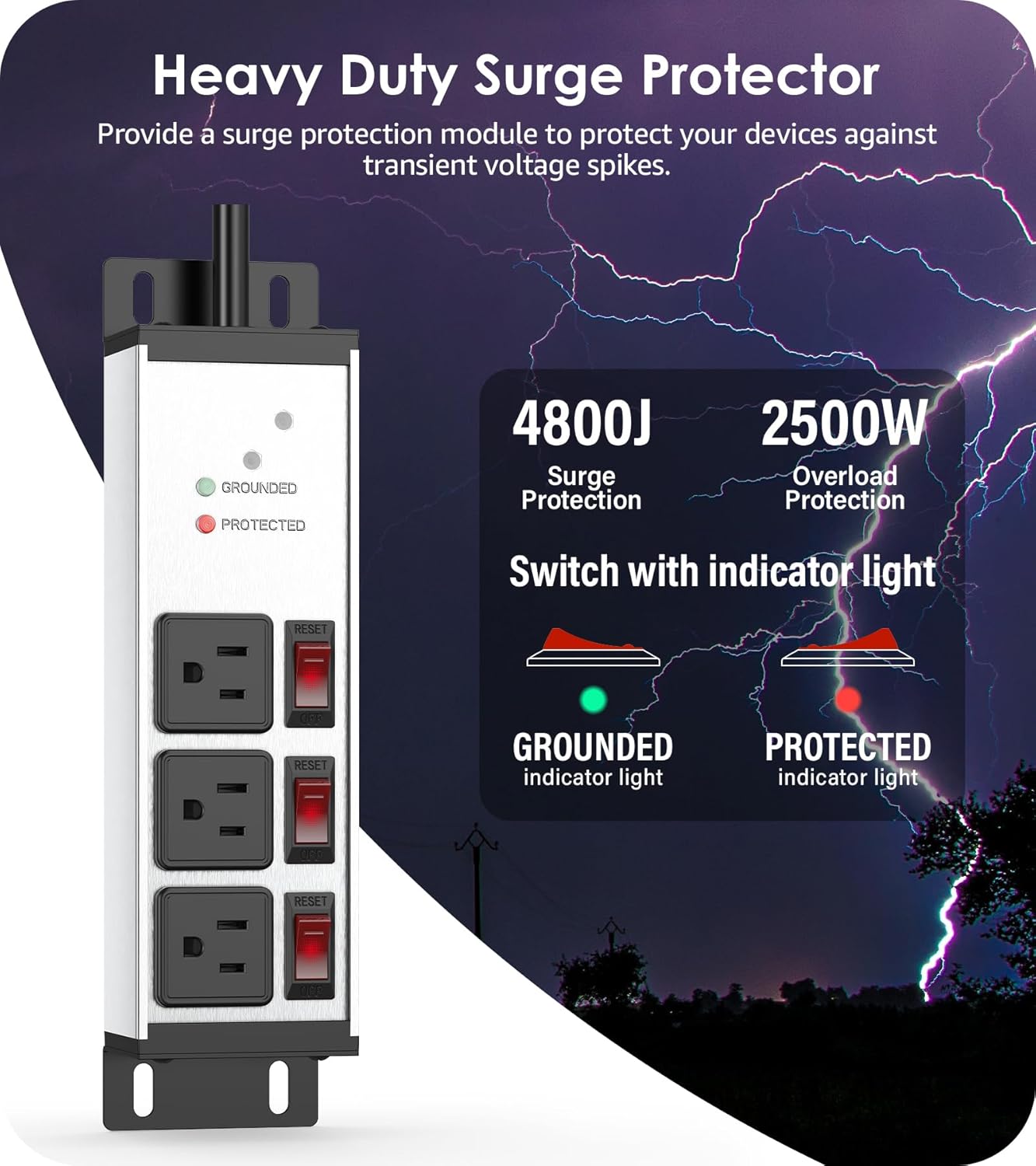 CCCEI 3 Outlet Heavy Duty Surge Protector Power Strip 20 Amp Individual Switches. 12 Gauge Extension Cord, Overload, Ground Protection. Garage Wall Mount Electric Extender, 6FT, Silver. - Image 2