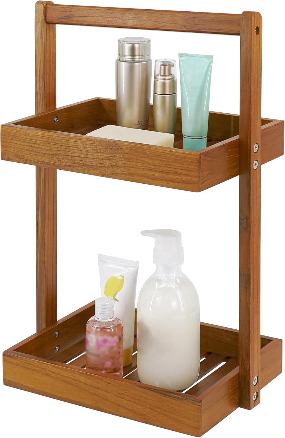 Utoplike Teak Wood Shower Caddy Corner, 2 Tier Bathroom Organizer Countertop, Standing Shower Rack with Handle, Stand Up Shower Basket for Shampoo, Shelf Rack for Inside Shower, Kitchen Desktop - Image 2