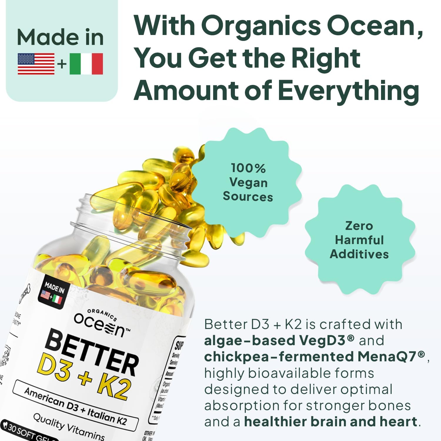 Organics Ocean Better D3 + K2-100% Organic VIT D3 and K2 Supplements with Maximum Bioavailability - Supports Bone Density, Calcium Balance, Immunity & Mood - 1-Pack, 30-Day Supply - Image 4