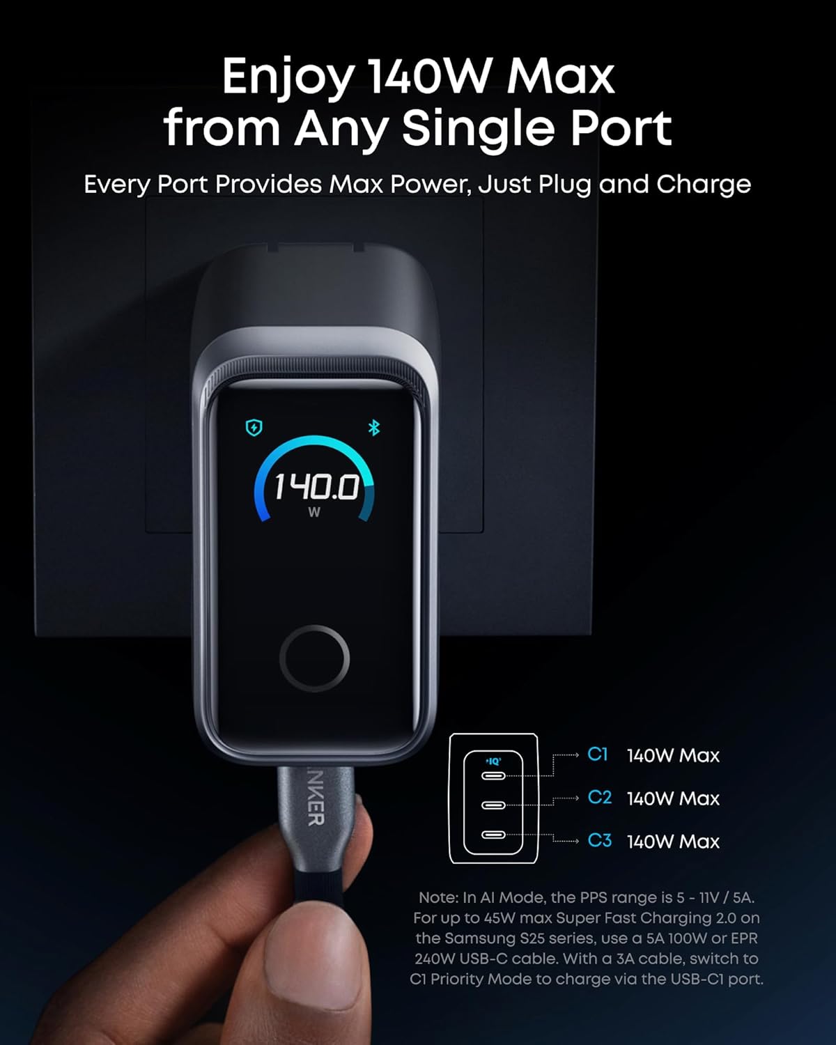 Anker Prime Charger,160W 3-Port Compact GaN USB C Charger,Smart Display,Touch Control,Up to 140W Fast Charging for One Device,for MacBook Pro,Laptop,iPhone 17 Series(Cable Not Included,Non-Battery) - Image 4