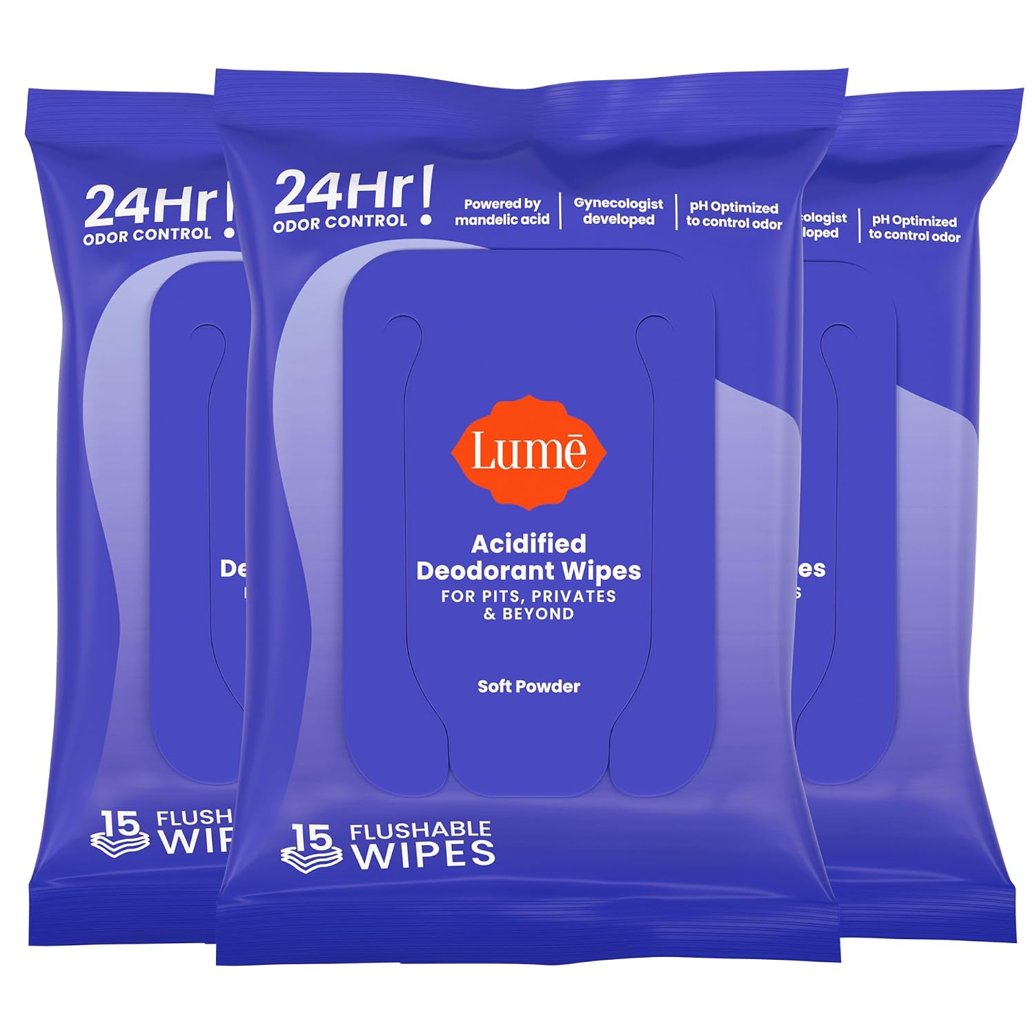 Lume Acidified Deodorant Wipes - 24 Hour Odor Control - Whole Body Deodorant Wipes - Aluminum Free, Baking Soda Free, Skin Loving - Flushable - 15 Count - 3 Pack (Soft Powder) - Image 2