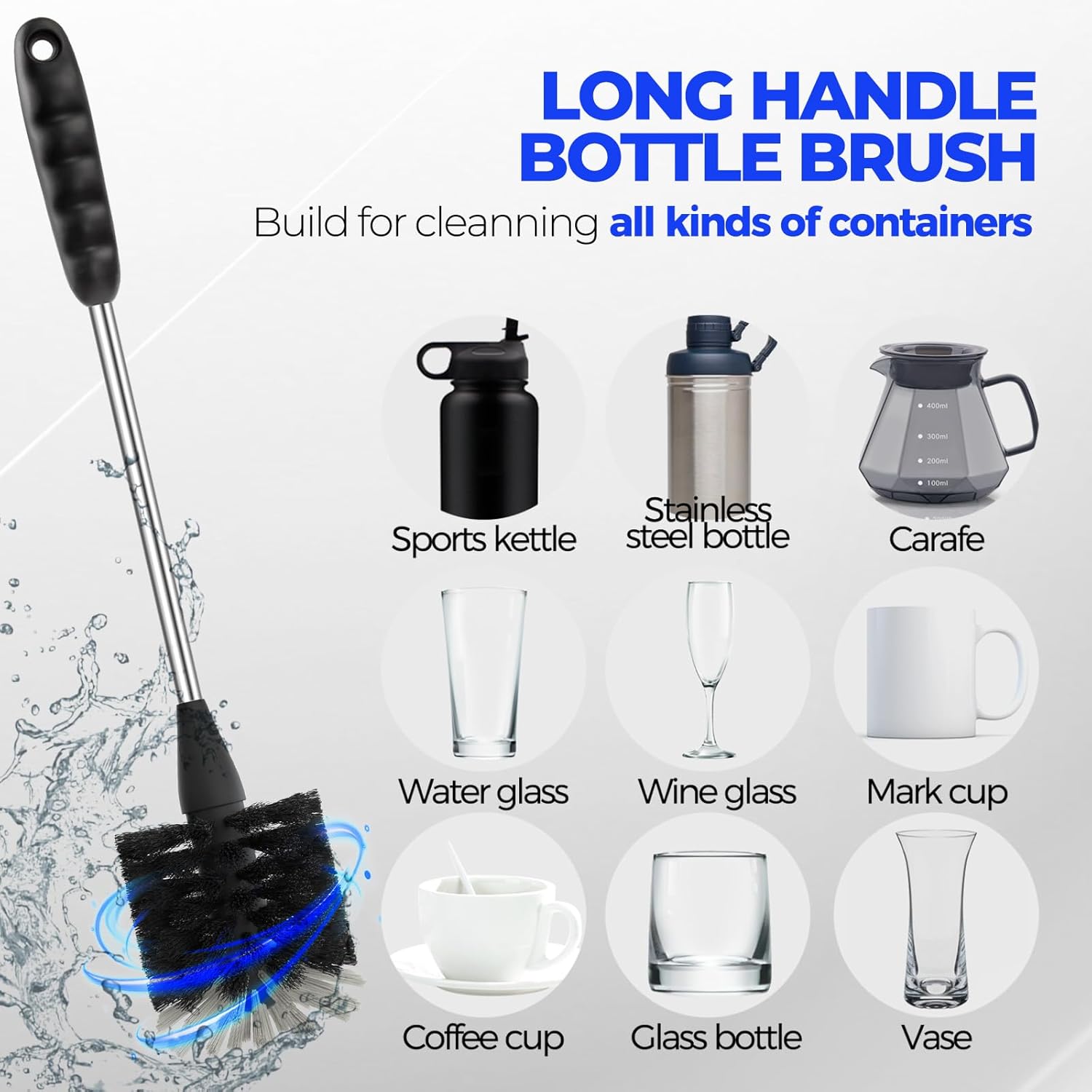 Holikme 6 Pack Bottle Brush Set, 14" Long Handle Stainless Steel Bottle Cleaner Brush, 3 Straw Brushes, 4-in-1 Bottle Cleaning Brush for Water Bottle, Antistatic Lab Brushes Straws, Black - Image 3