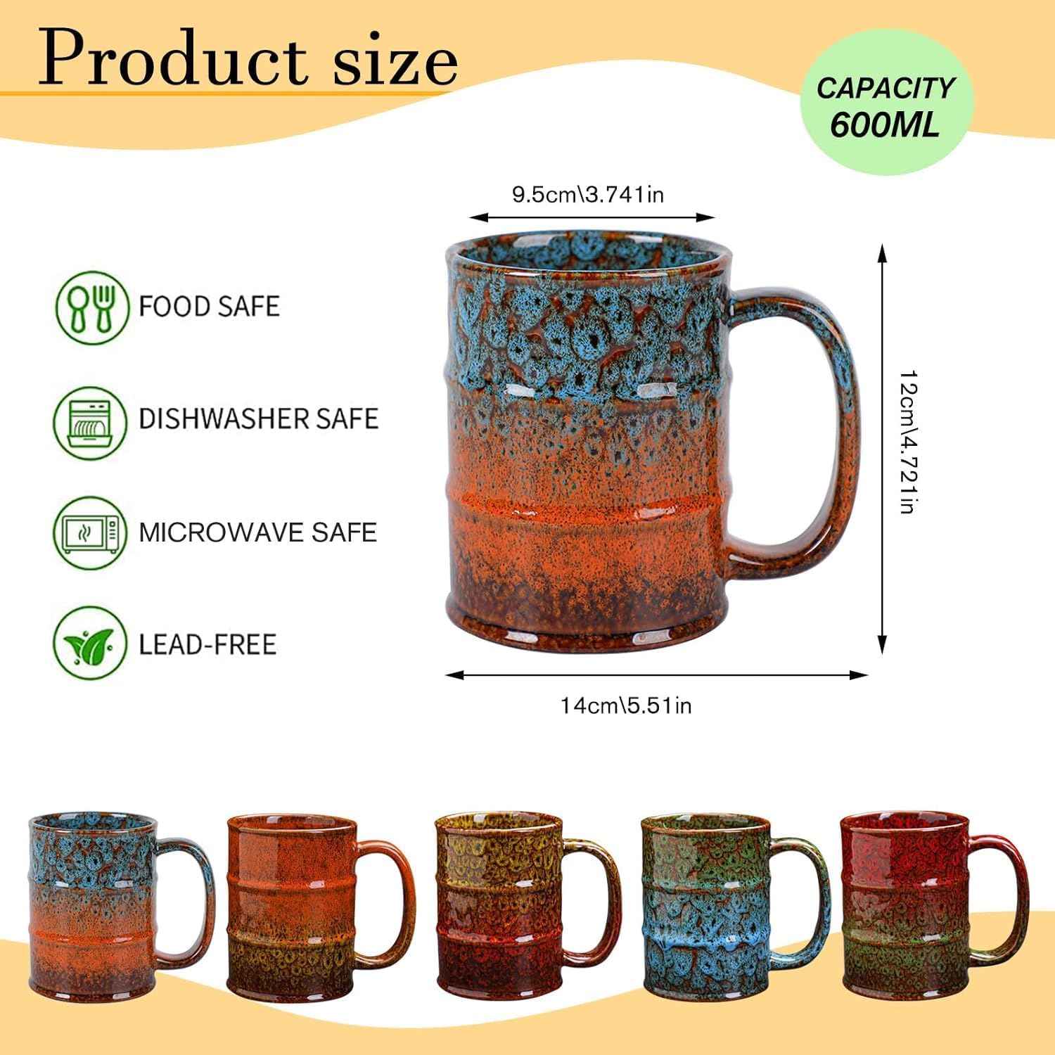Coffee Mug,20 Oz Coffee Cups Ceramic Tea Cup Large Coffee Mug for Office and Home - Dishwasher and Microwave Safe Novelty Coffee Mug(4,Multicolour-4pcs) - Image 3
