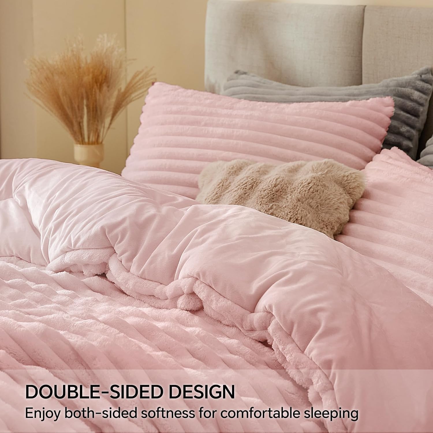 BEDELITE Fleece Queen Comforter Set -Super Soft & Warm Fluffy Pink Bedding, Luxury Fuzzy Heavy Bed Set for All Season with 2 Pillow Cases - Image 5