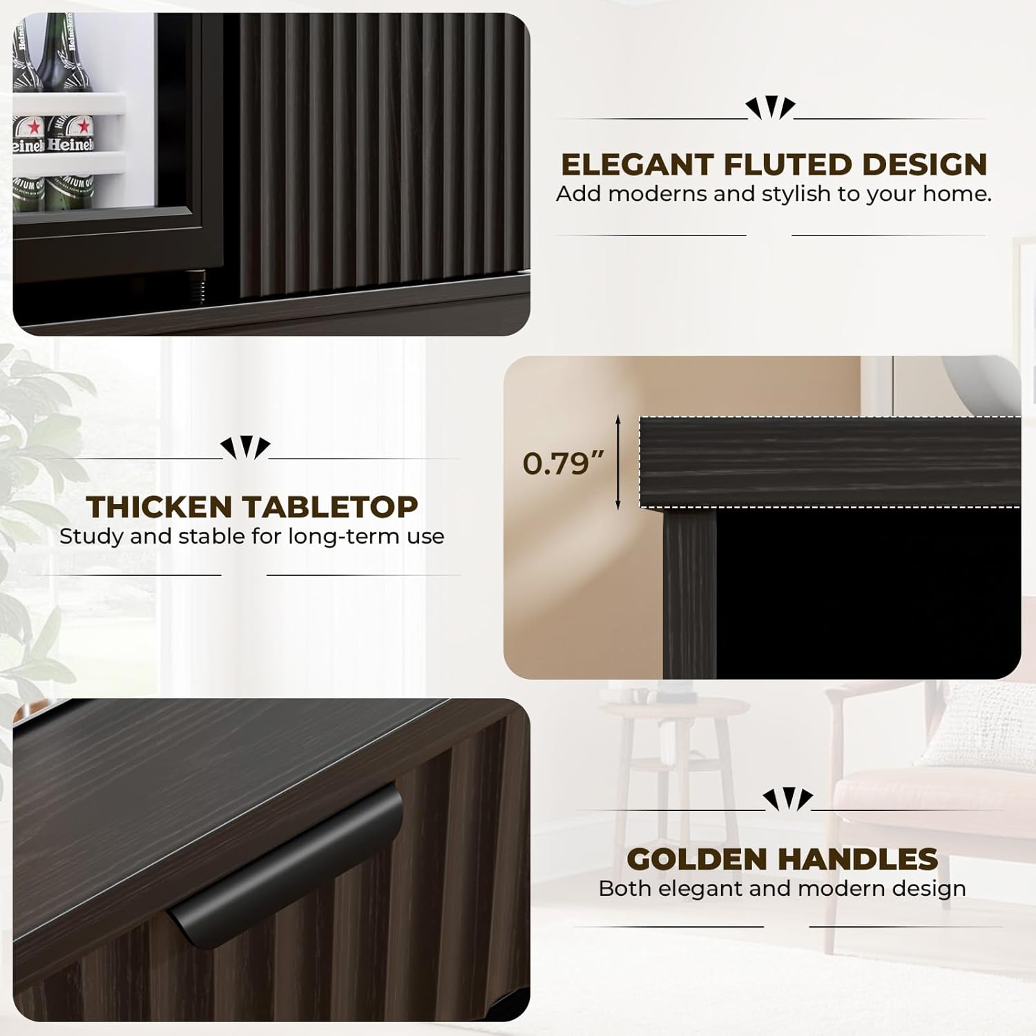 Mini Fridge Cabinet (Fridge Included), Fluted Coffee Bar Cabinet with Refrigerator, Pull Out Drawer & Storage Cabinets, 31.5" Liquor Wine Bar Cabinet for Home, Kitchen, Dining Room, Blac - Image 7