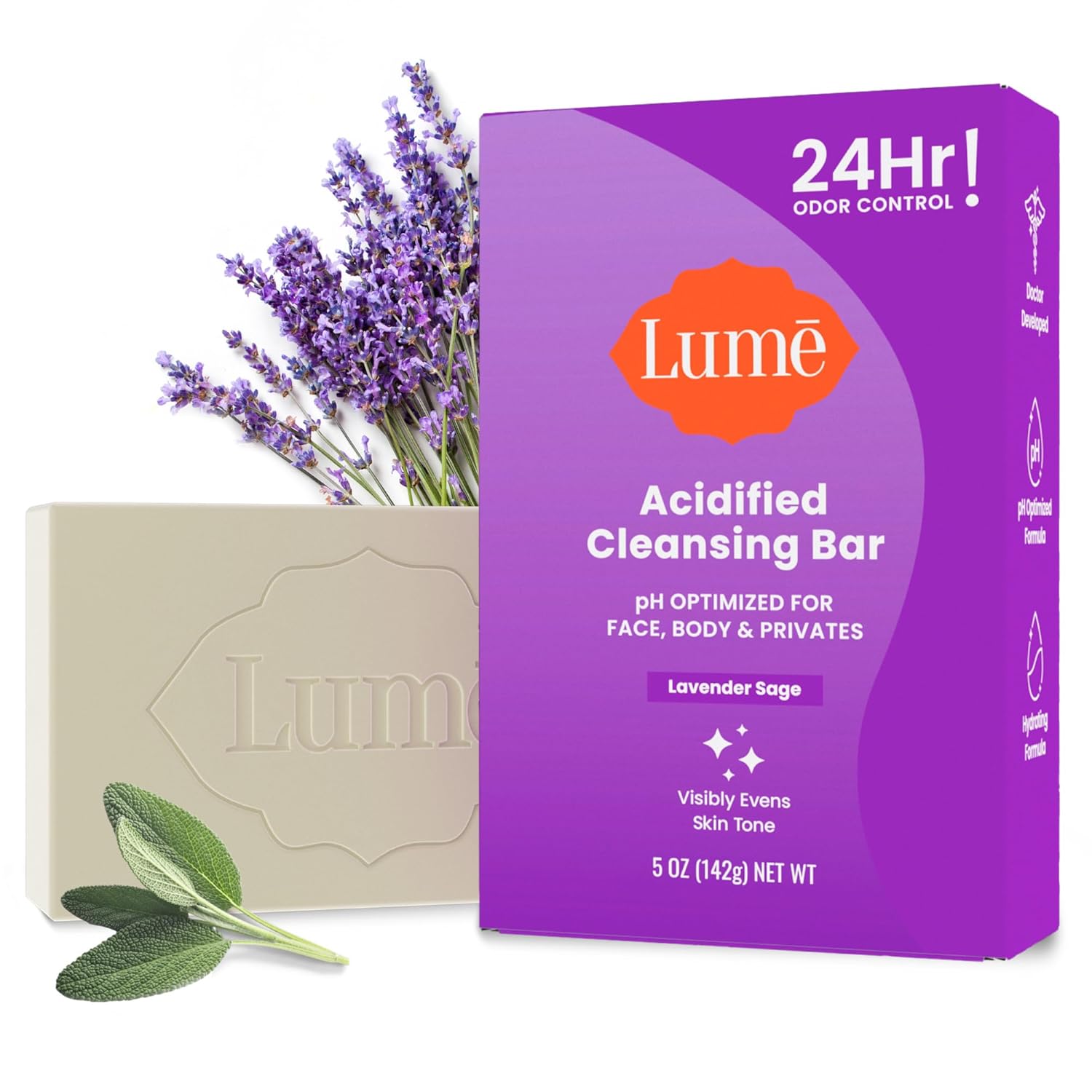 Lume Acidified Body Cleansing Bar - 24 Hour Odor Control - Removes Odor Better than Soap - Moisturizing Formula - Formulated Without SLS and Parabens - OB/GYN Developed - 5 ounce (Lavender Sage) - Image 2