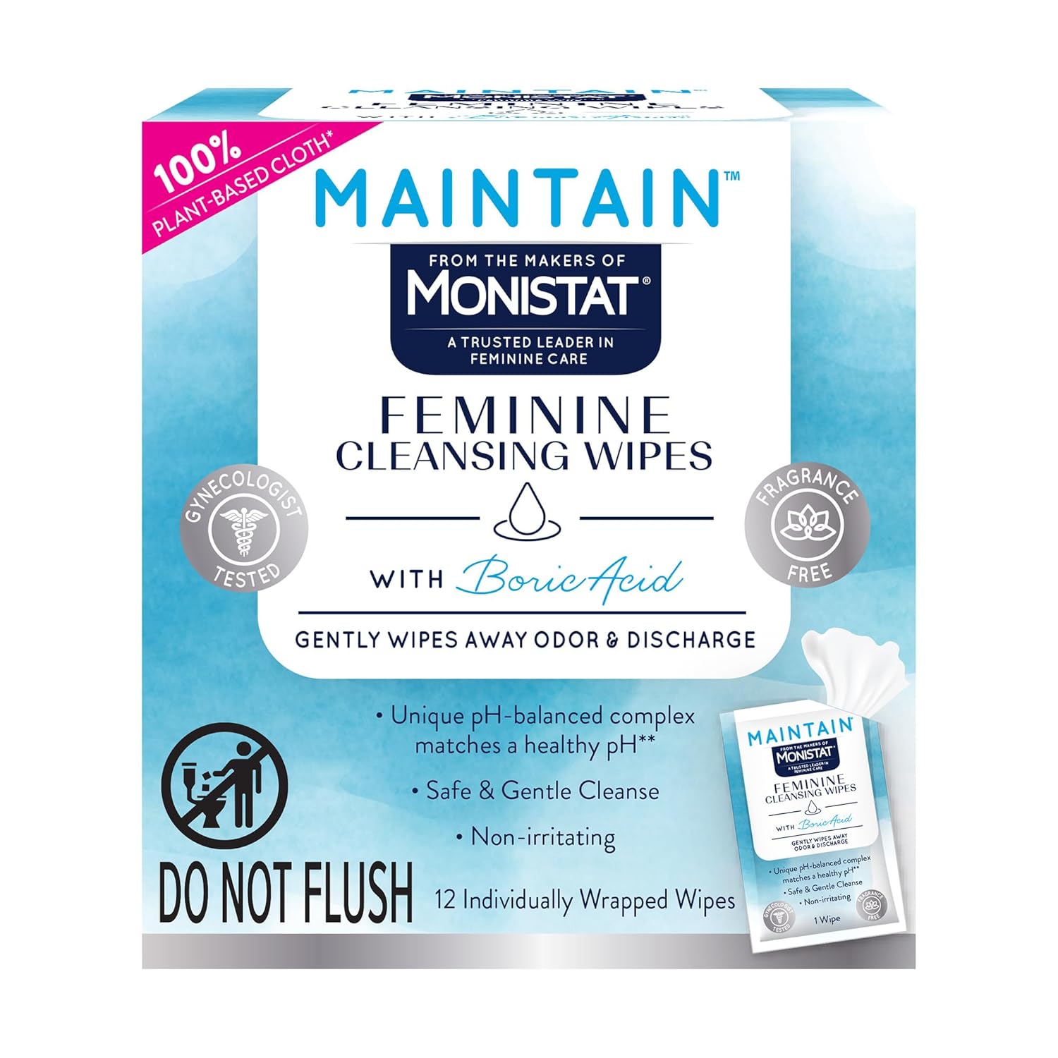 Monistat Maintain Boric Acid Feminine Wipes, Fragrance-Free, Non-Irritating and pH-Balanced Wipes for Women, Individually Wrapped Feminine Care, 12 Count - Image 2
