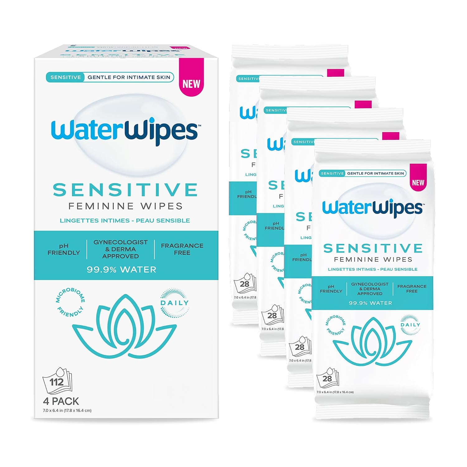 WaterWipes Sensitive Feminine Wipes, 99.9% Purified Water, pH Friendly for Daily Intimate Care, Gynecologist Approved, Fragrance Free, 112 Count (4 Packs) - Image 2