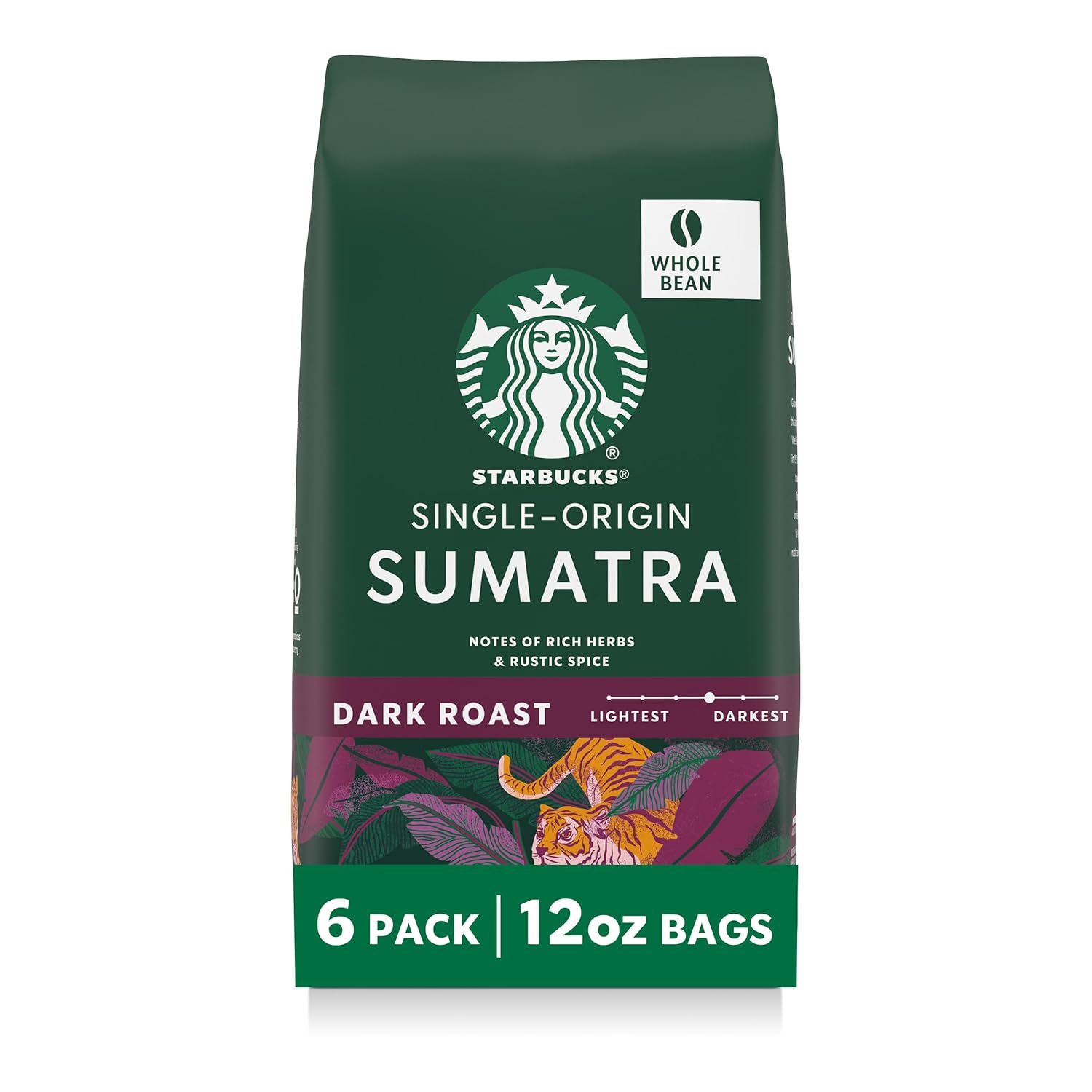 Starbucks Whole Coffee Beans, Dark Roast Hot or Iced Coffee, Single-Origin Sumatra, Six 12 oz Bags - Image 2