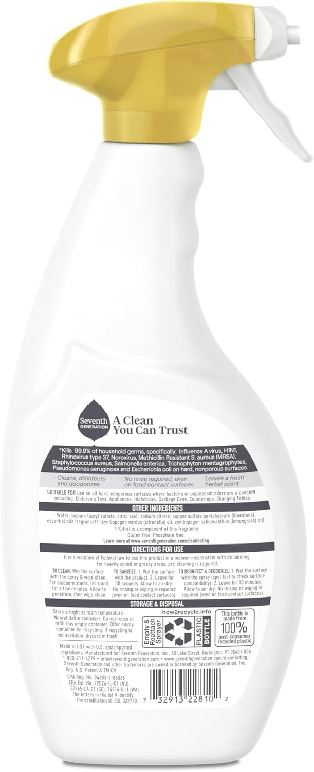 Seventh Generation Lemongrass Citrus Disinfecting Multi-Surface Cleaner - 26 Oz, Pack of 4 - Image 2