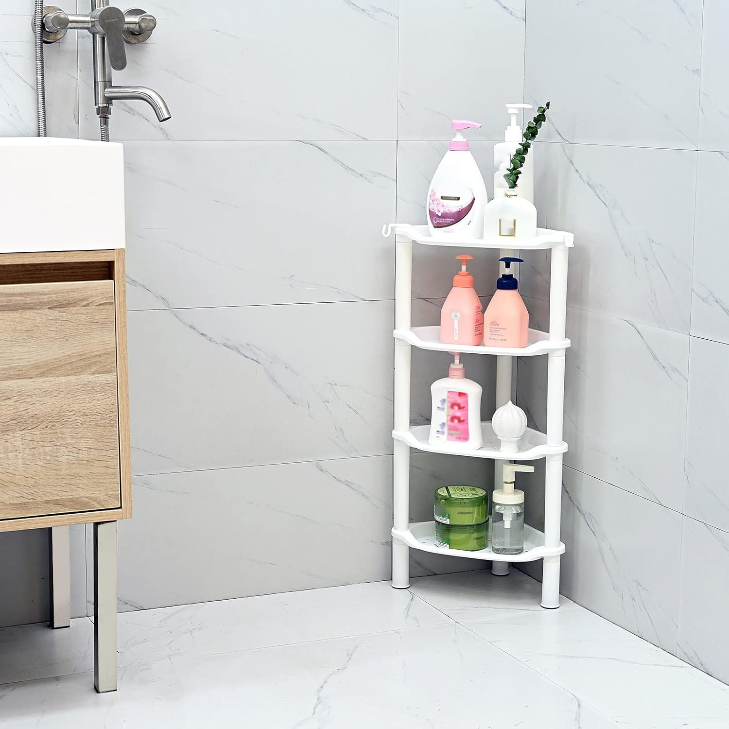 4 Tier Corner Shower Caddy, Rustproof, Plastic Shower Organizer for Bathroom, Bathtub, Shower pan, Bath Accessories Shower Caddies, 13.5 x 10 x 33.5 Inches, White (Round Slot White 4 Tier) - Image 3