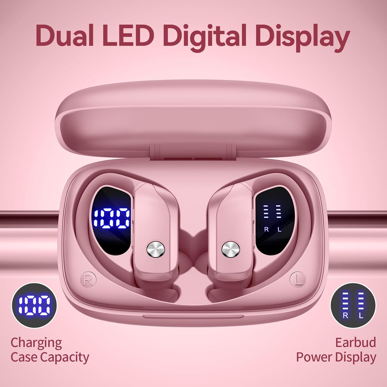 bmani Ear Buds Wireless Earbuds Bluetooth Headphones with 80H Playtime LED Display Case, Over-Ear Hook with Mic, Stereo Sound, Easy Button Controls, Sports Earphones for Running Workout Gym Pink - Image 2