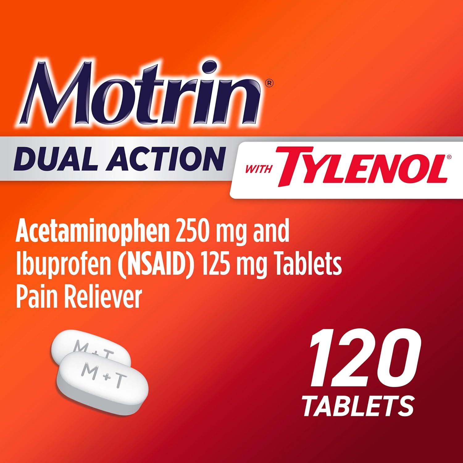 Motrin Dual Action with Tylenol, Ibuprofen & Acetaminophen Fast-Acting, Long Lasting Pain Reliever for Minor Aches & Pains, Ibuprofen (NSAID) 125 mg & Acetaminophen 250 mg, 120 ct - Image 2