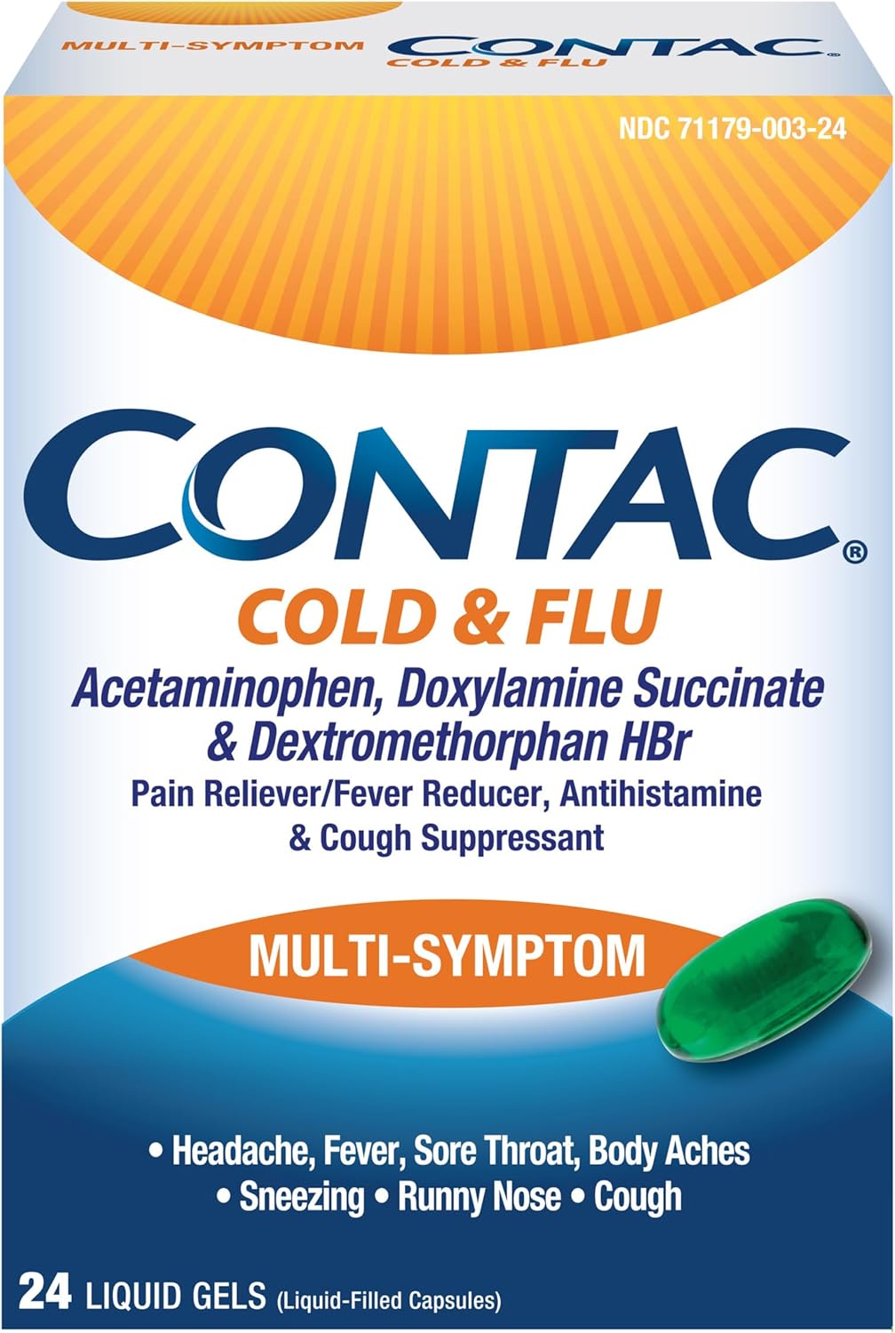 Contac Cold & Flu Medicine, Powerful, Multi-Symptom Relief for Pain, Fever, Sore Throat, Body Aches, Sneezing, Runny Nose & Cough, Flu & Cold Medicine for Adults and Kids 12+, 24 Count Liquid Gels - Image 2