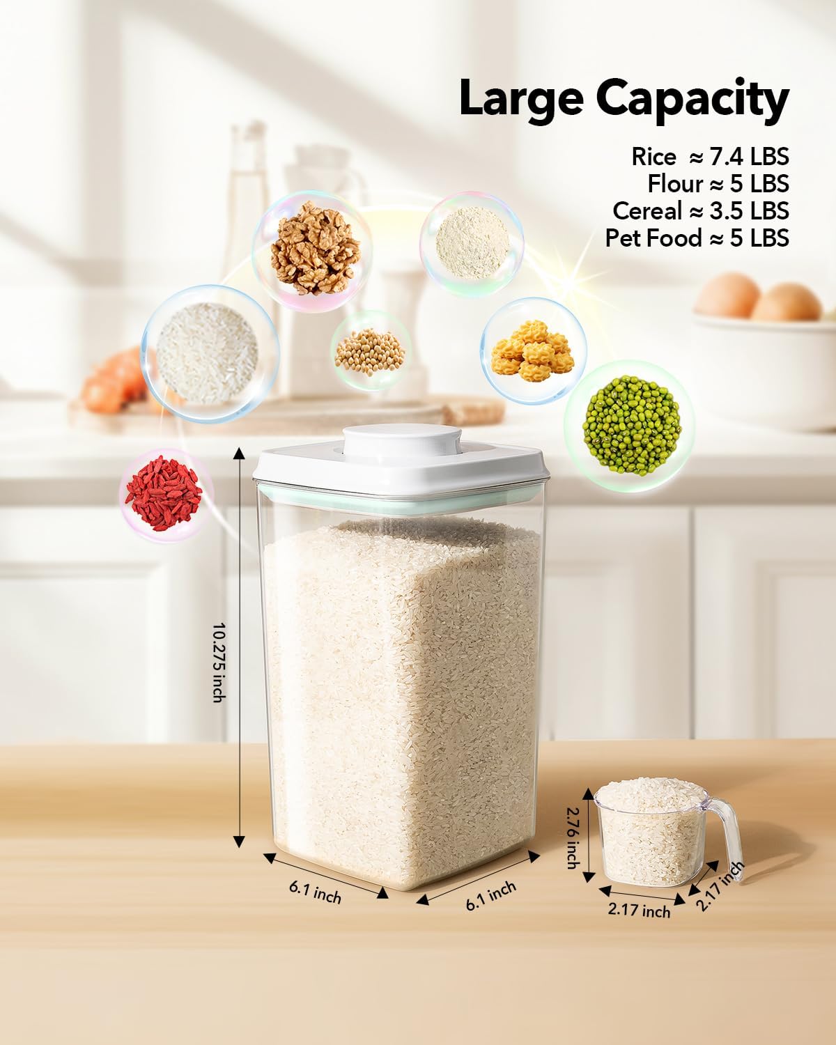Ankou Airtight Food Storage Container with Pop Lid & 130ml Scoop, 4L/4.2qt *4 BPA-Free Cereal, Rice, Flour, Pasta & Snack Container, Stackable & Durable,Kitchen Pantry Organizer - Image 7