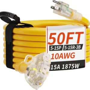 PlugSaf 50 FT 10 Gauge Outdoor Extension Cord with Multiple Outlets Light Indicator, Flexible 3 Outlet Weatherproof Heavy Duty Extension Cord Waterproof Yellow, 15A 1875W 10AWG SJTW, ETL Listed