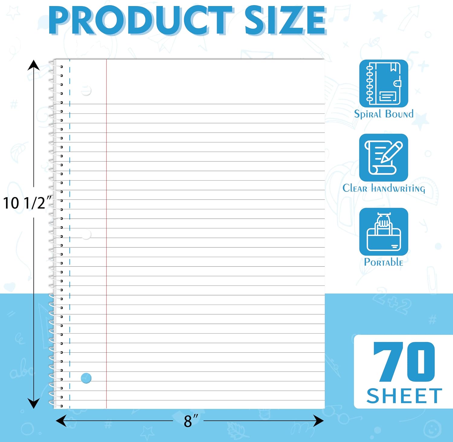 Yeplan Spiral Notebooks 6 Pack, College Ruled Notebook Paper, 1 Subject Notebook for School & Work, 8" x 10-1/2", 70 Sheets per Notebook, 6 Assorted Colors - Image 2