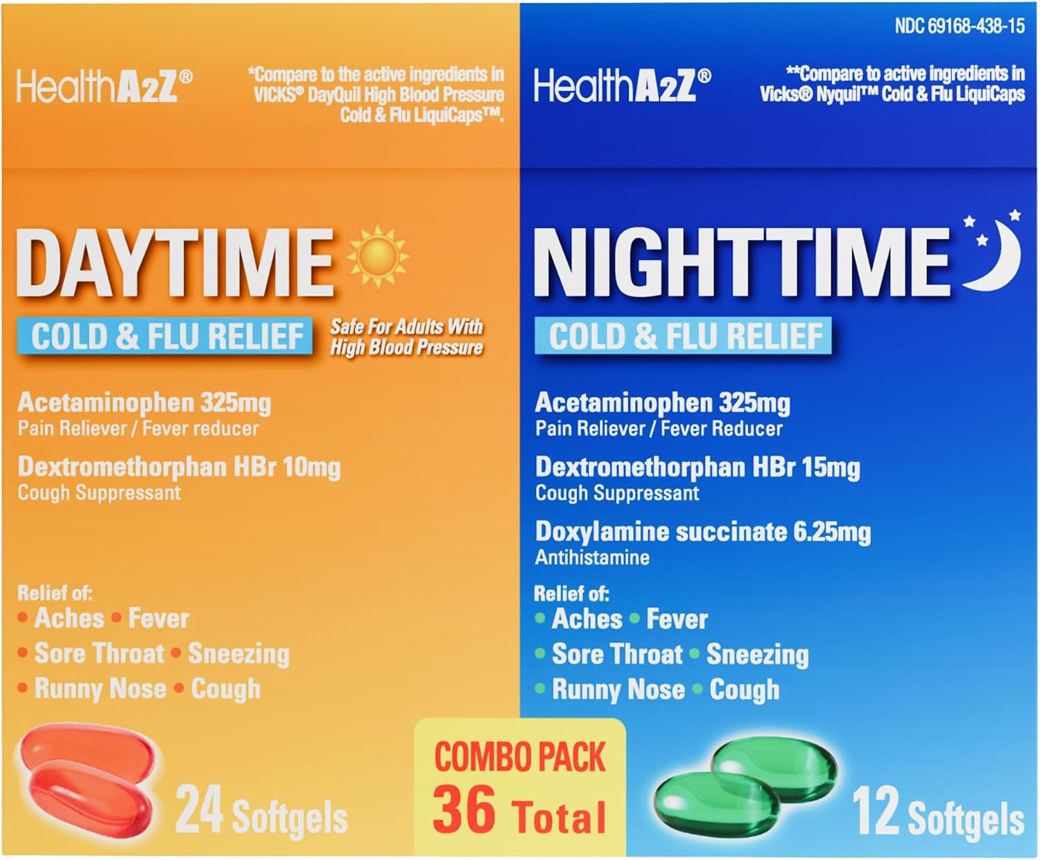 HealthA2Z® Daytime and Nighttime Cold & Flu Medicine, Decongestant-Free, Multi-Symptom Daytime and Nighttime Relief, Suitable for Adults with High Blood Pressure, 36 Softgels - Image 3