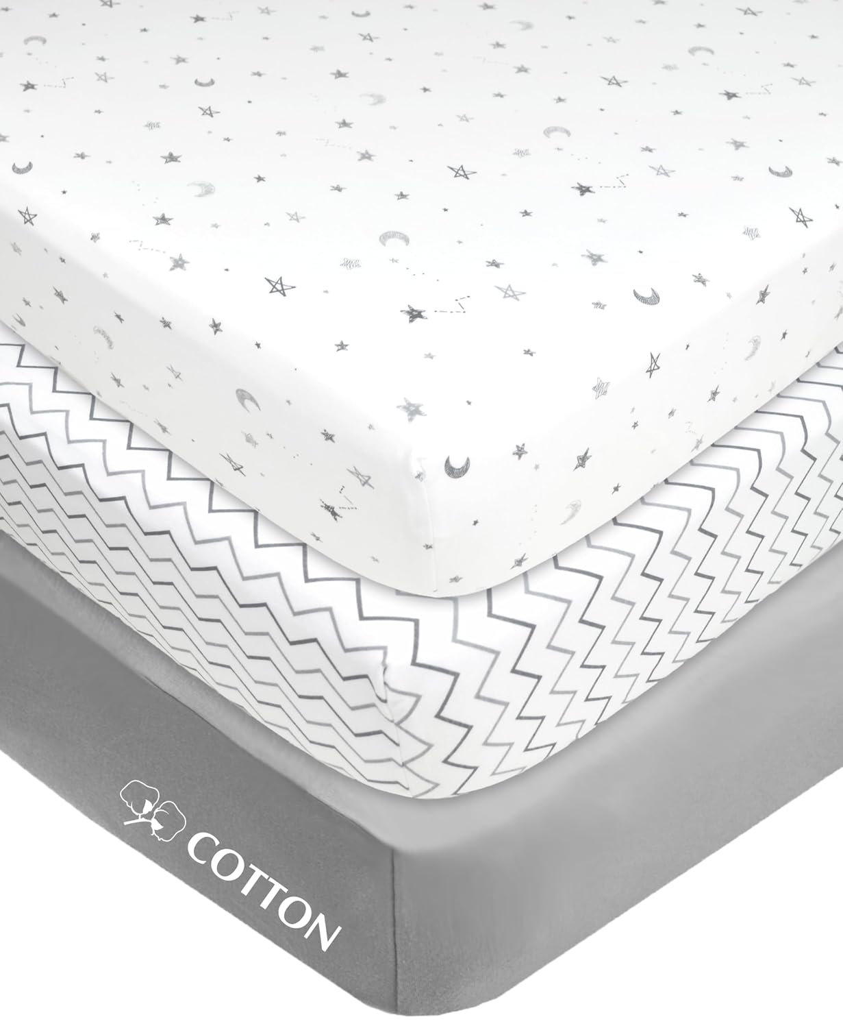 American Baby Company 3 Pack 100% Natural Cotton Fitted Mini Crib Sheets 38" x 24" - Soft & Breathable Small Nesting Portable Sheets, Fits Pack N Play Mattresses, Gray Star/Zigzag, for Boys & Girls - Image 2